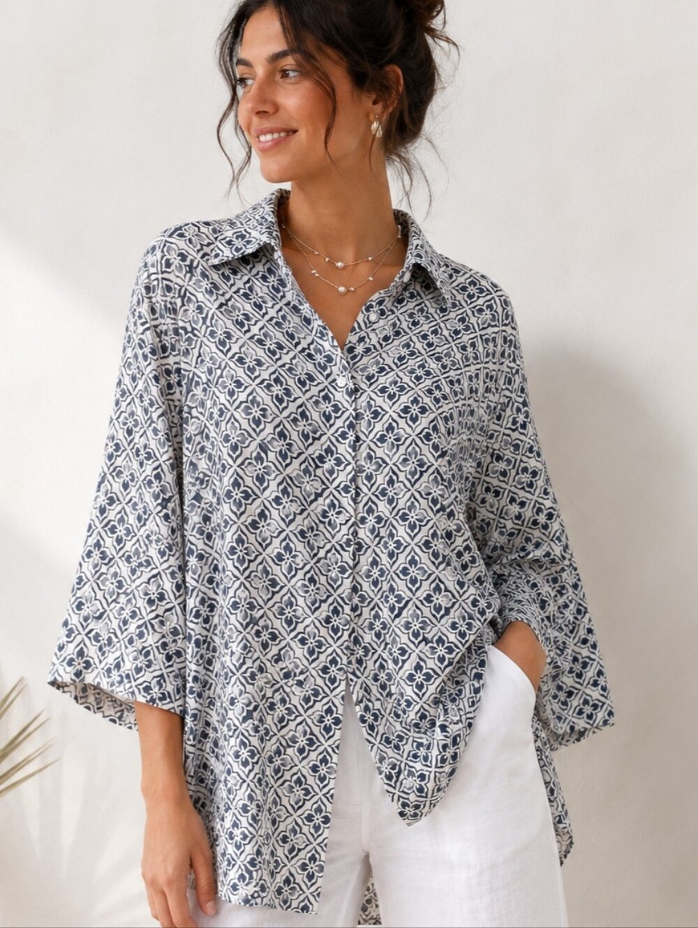 Zara 100% Linen Tile Print Button Front Shirt Coastal Boho Quiet Luxury Beachy